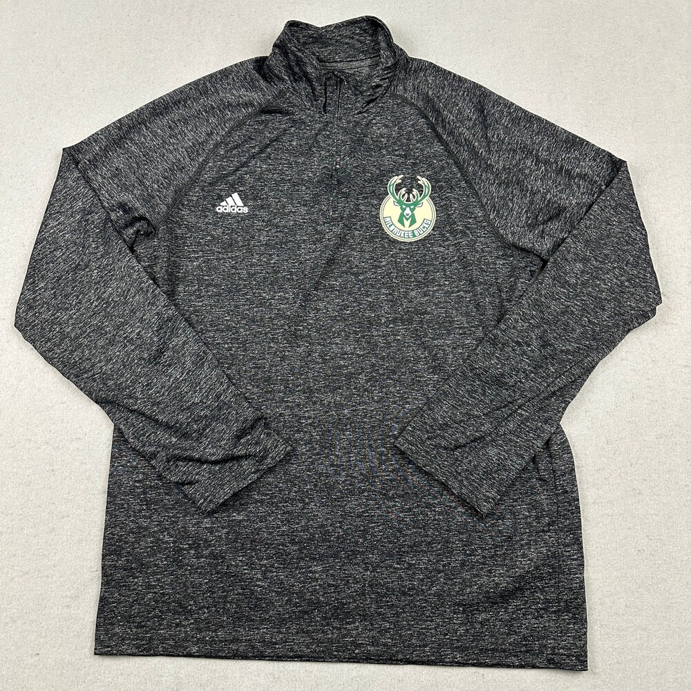 Milwaukee Bucks Sweater Men Medium Gray Adidas 1/4 Zip Long Sleeve Top NBA M